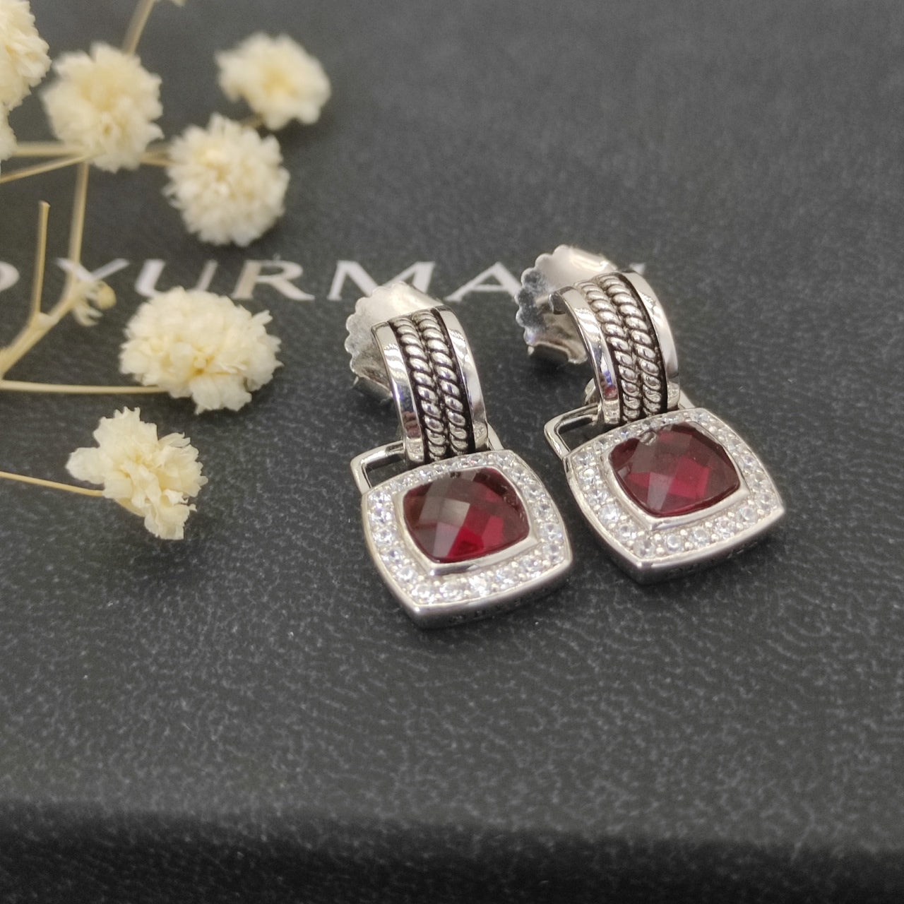 Pavé Halo Cushion Gemstone Drop Earrings
