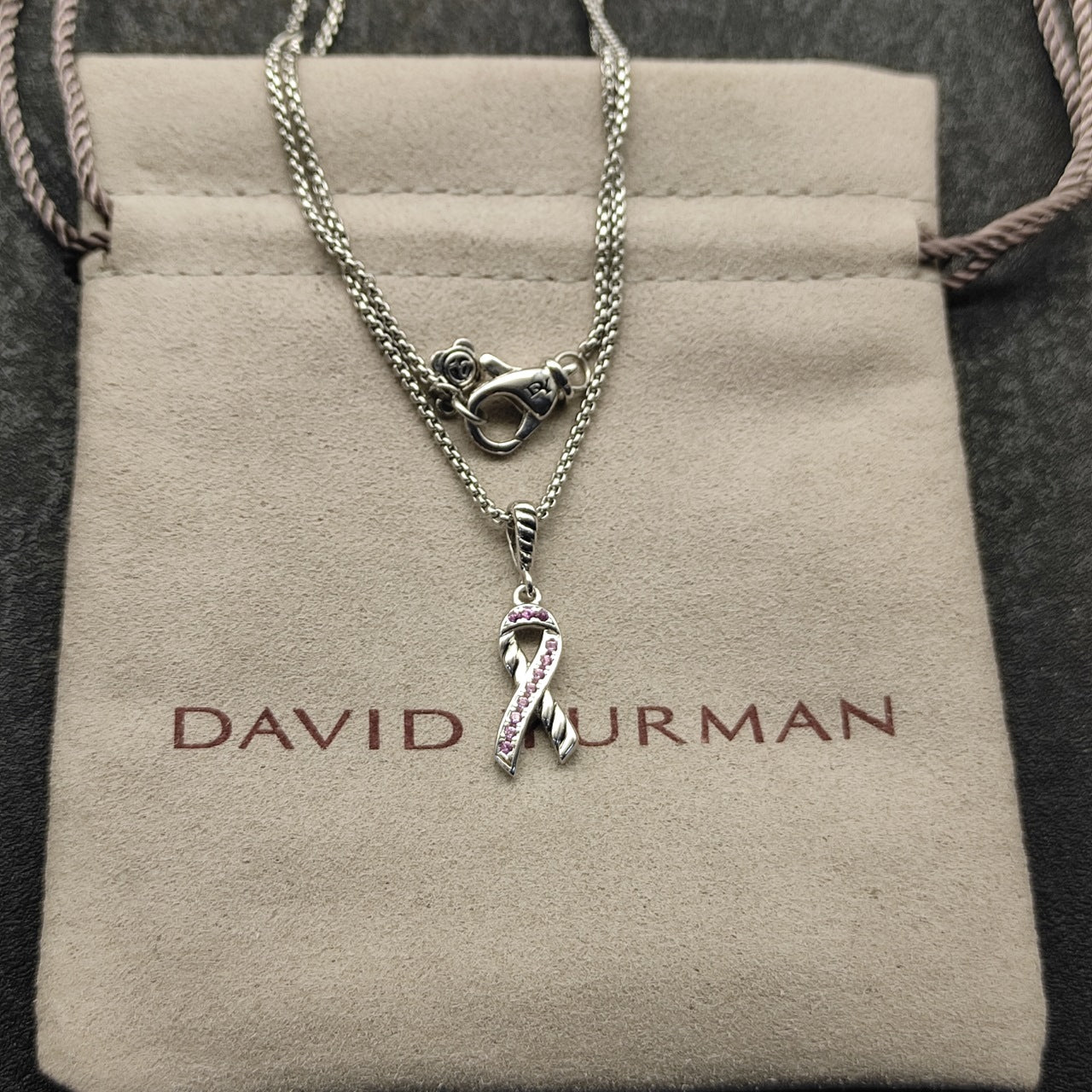 Crystal Pink Ribbon Charm Necklace