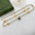 Sapphire Blue Heart Pendant Pearl Chain Set with Gold Hardware