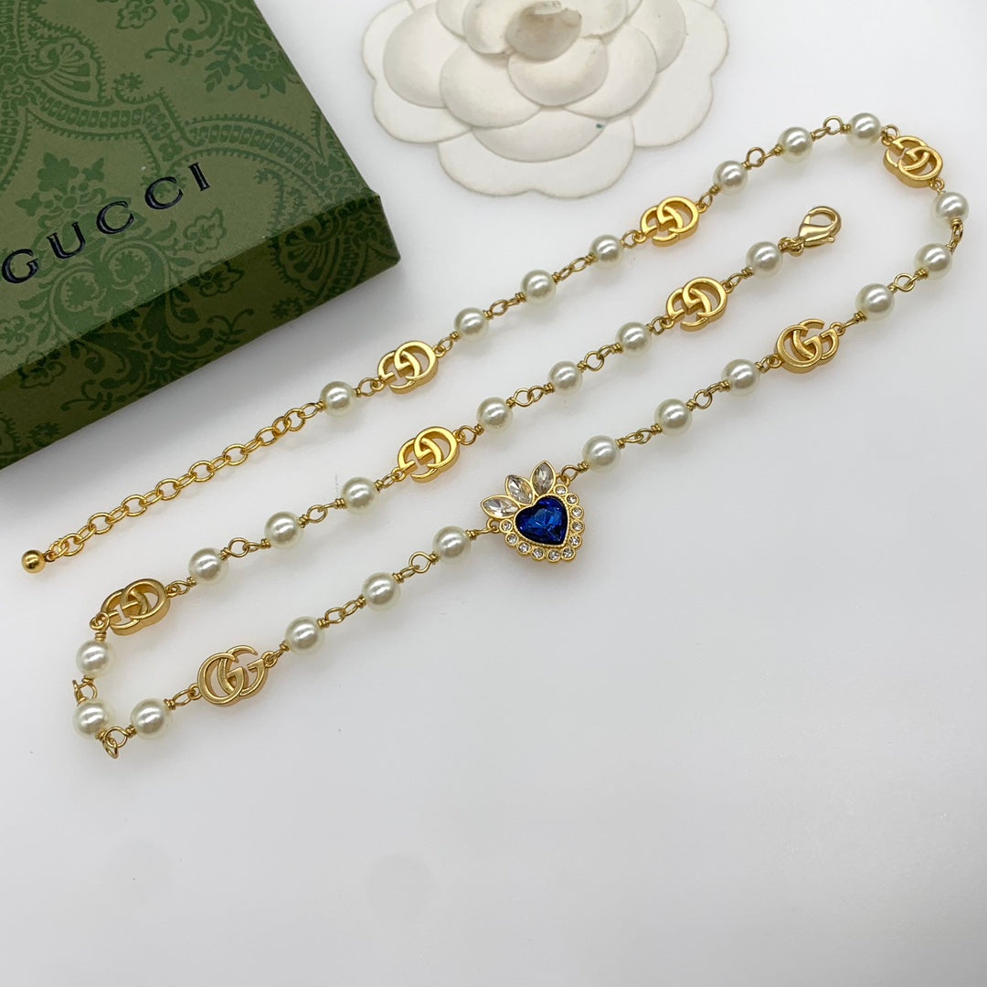 Sapphire Blue Heart Pendant Pearl Chain Set with Gold Hardware