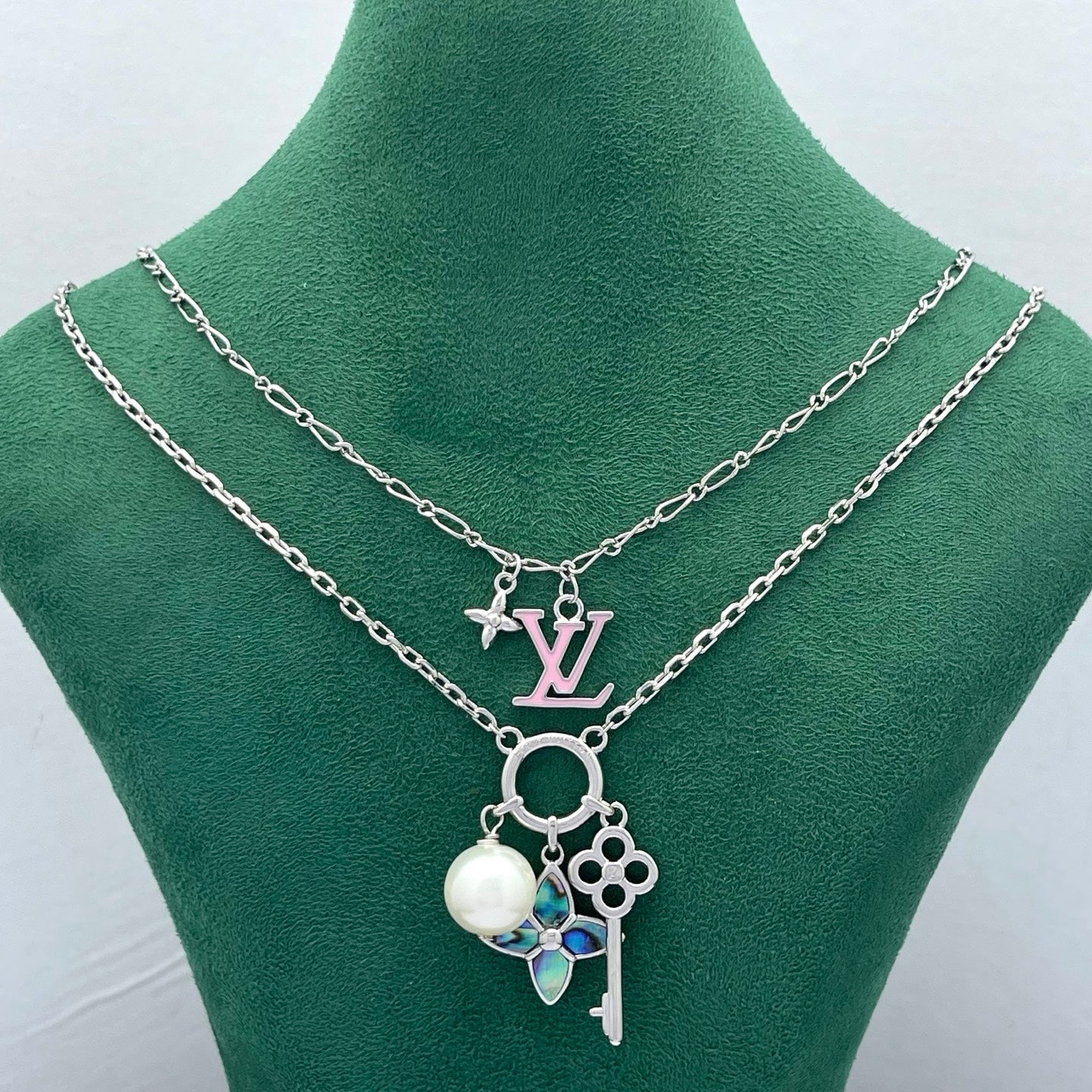 Abalone Butterfly Floral Key Charm Necklace with Pearl Accent