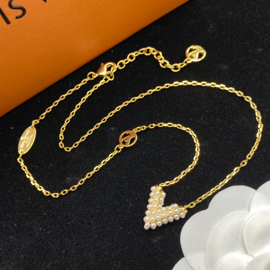 Pearl-Encrusted V Monogram Necklace, Bracelet & Hoop Earring Set