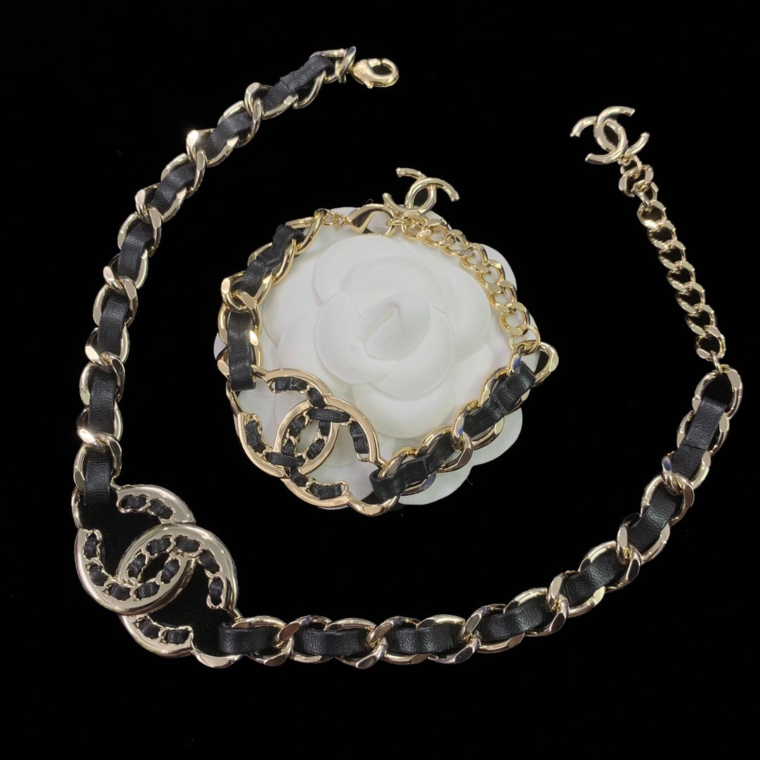 Black Leather Woven Gold Chain Necklace & Bracelet Set