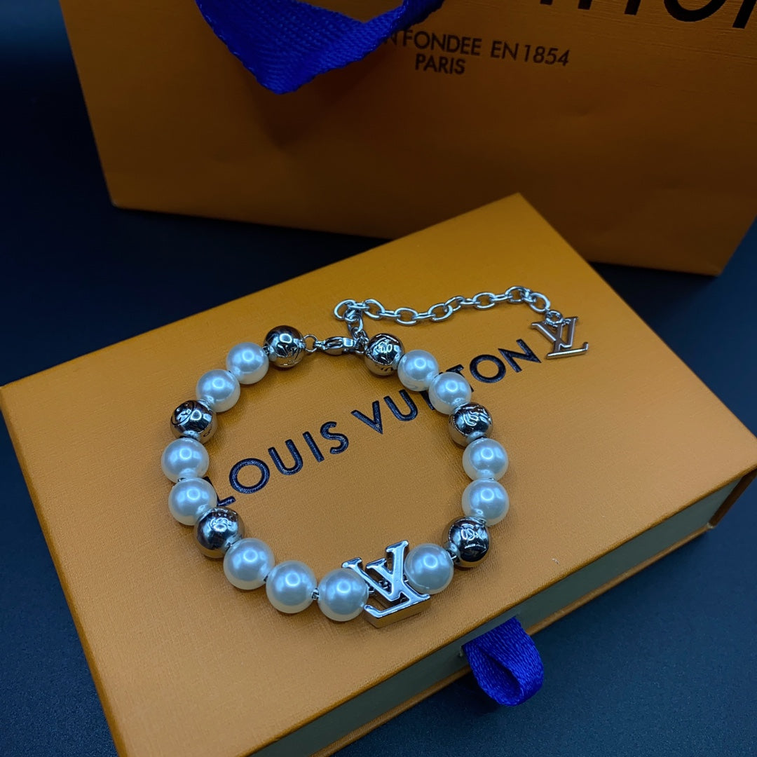 Pearl & Silver Bead Monogram Necklace & Bracelet Set