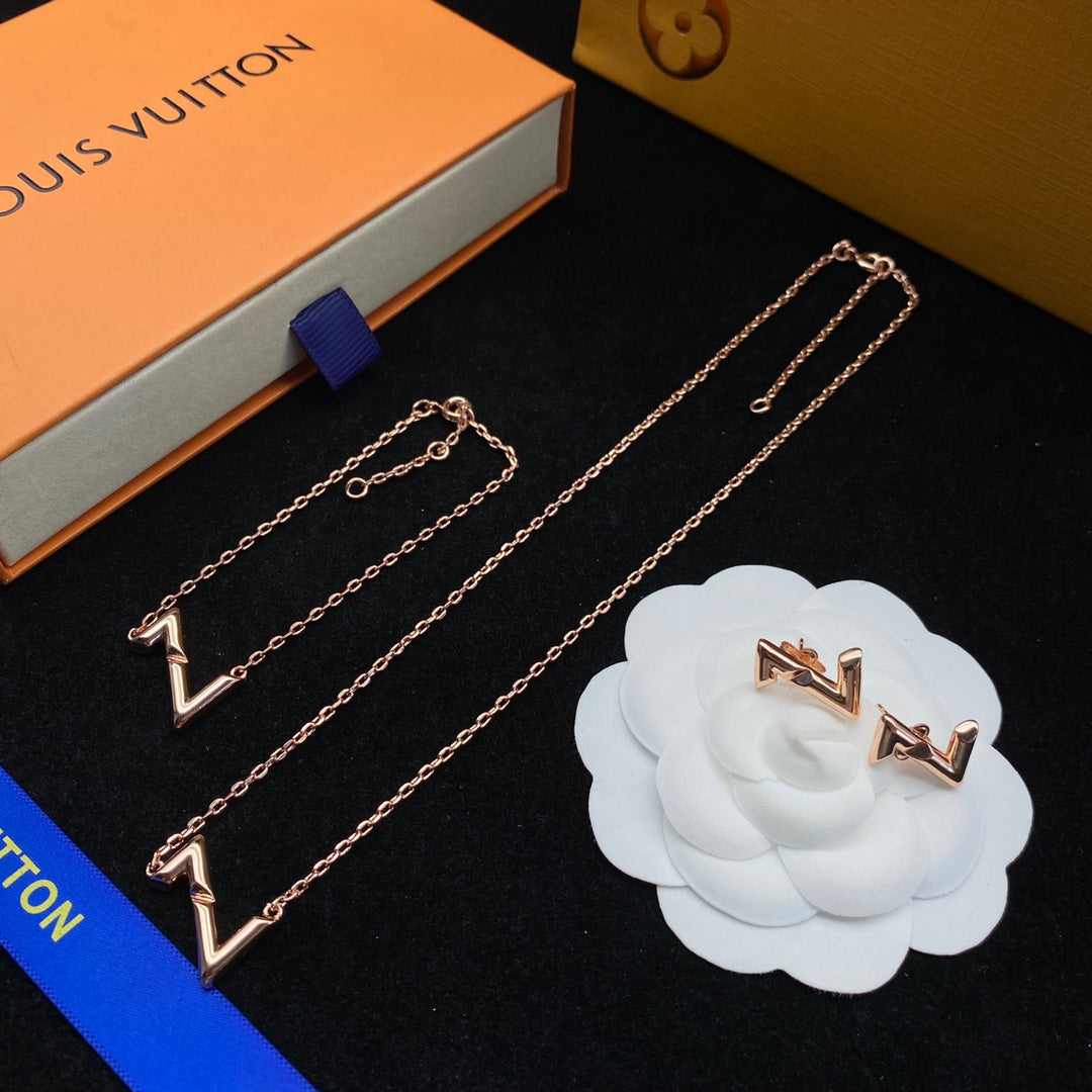 Gold V-Shape Monogram Necklace, Bracelet & Earring Set