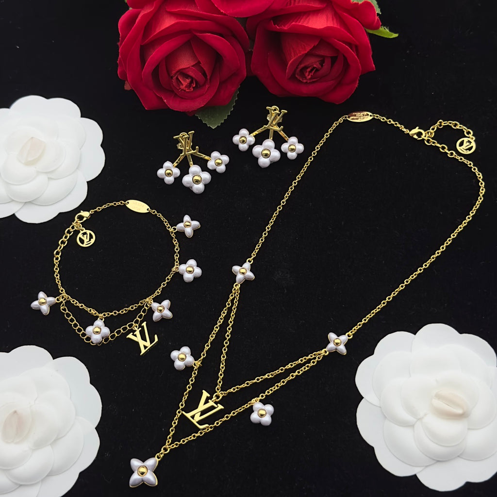 White Ceramic Flower & Logo Charm 3-Piece Set