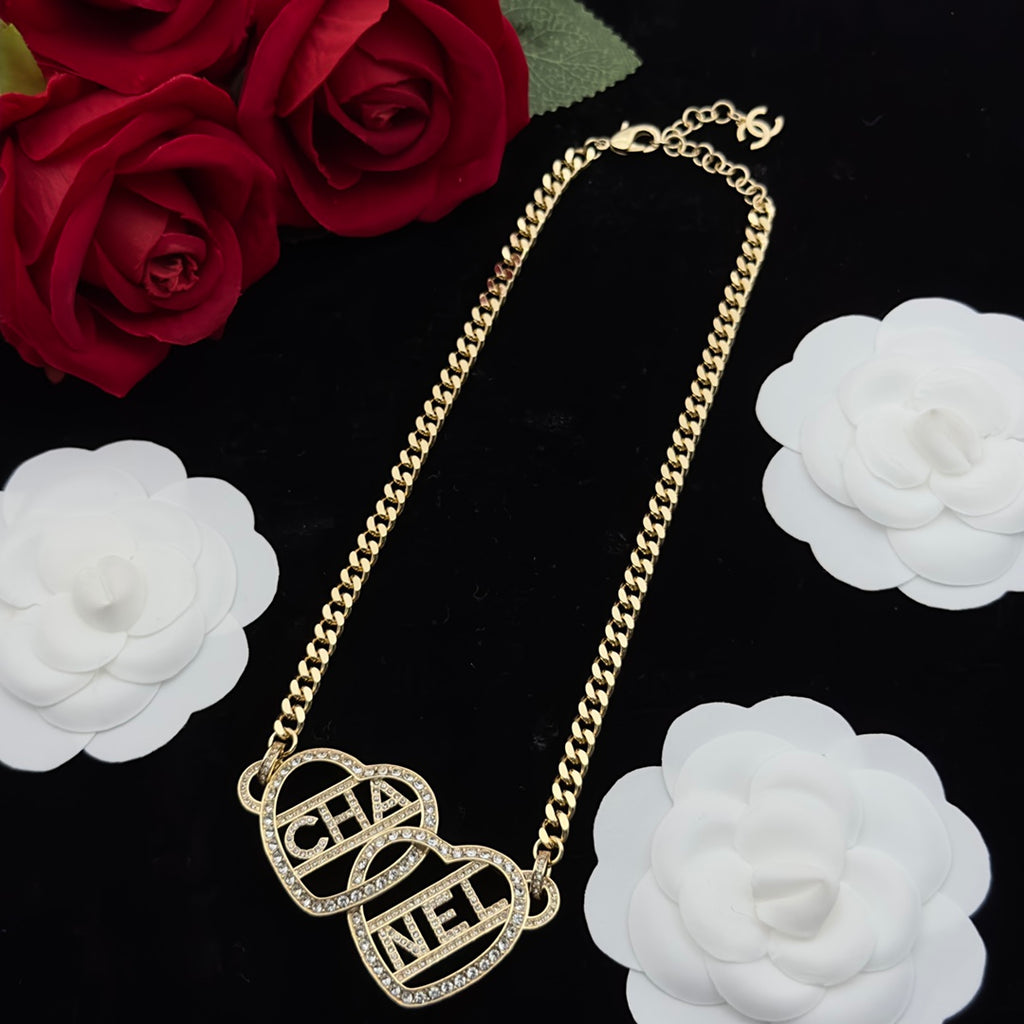 Crystal Letter Split Heart Pendant Necklace & Drop Earring Set – Gold Cuban Link Chain