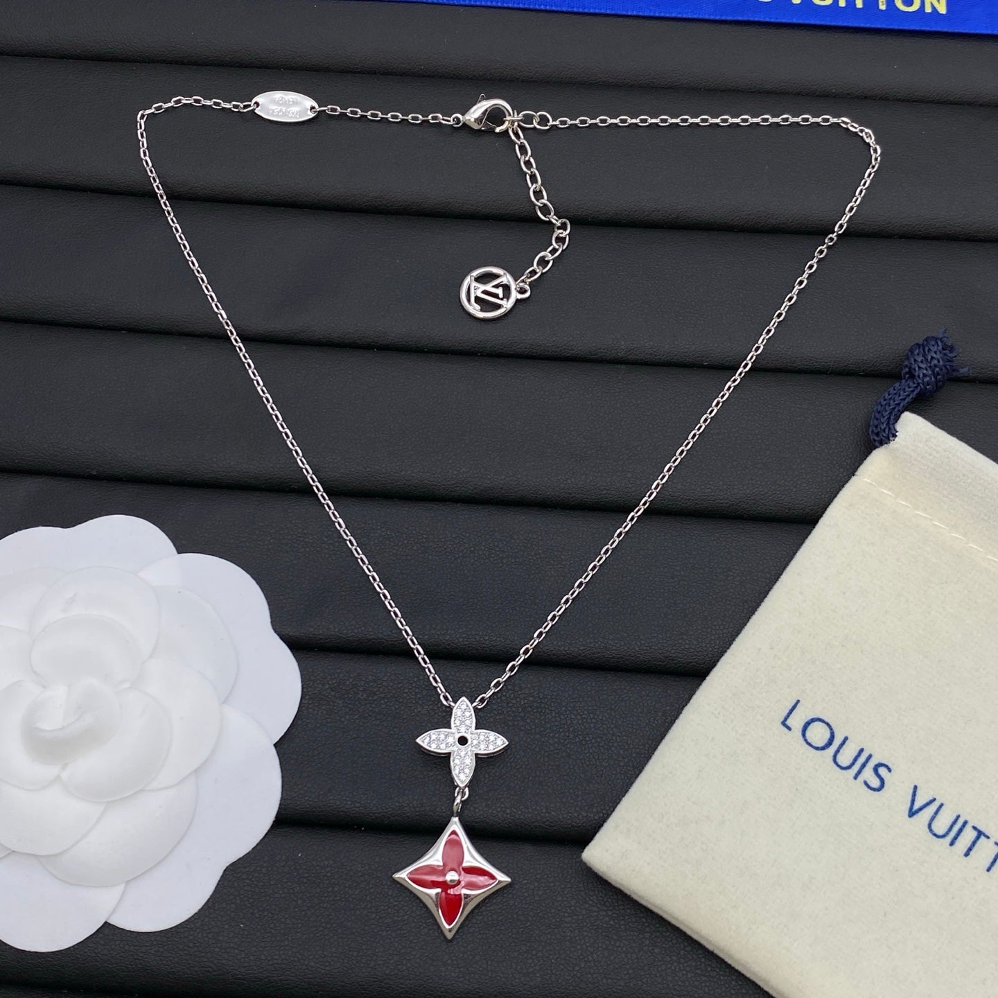 Crystal Four-Petal & Enamel Coin Double Pendant Necklace