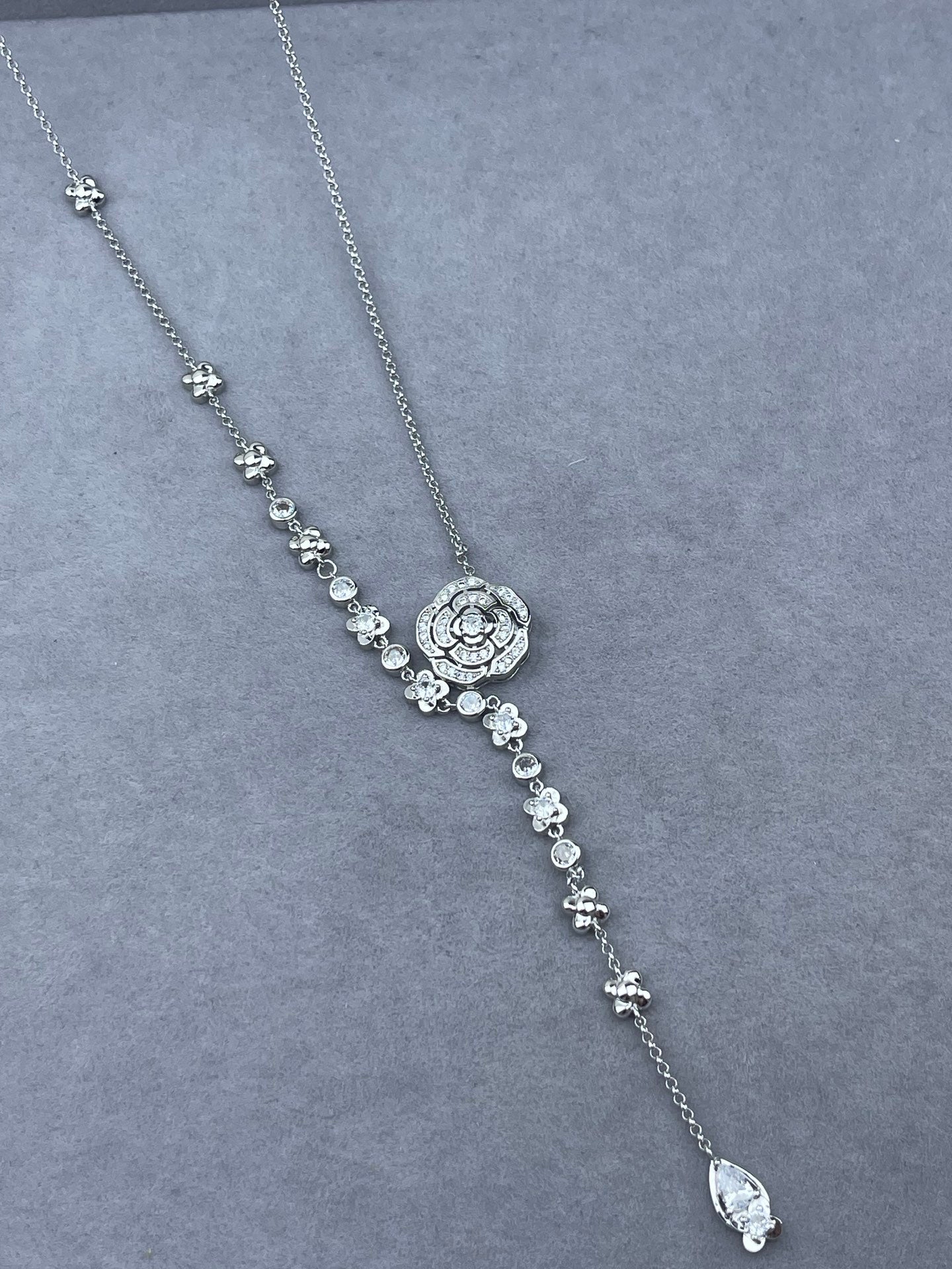 Crystal Pavé Rose Medallion Station Chain Lariat Necklace