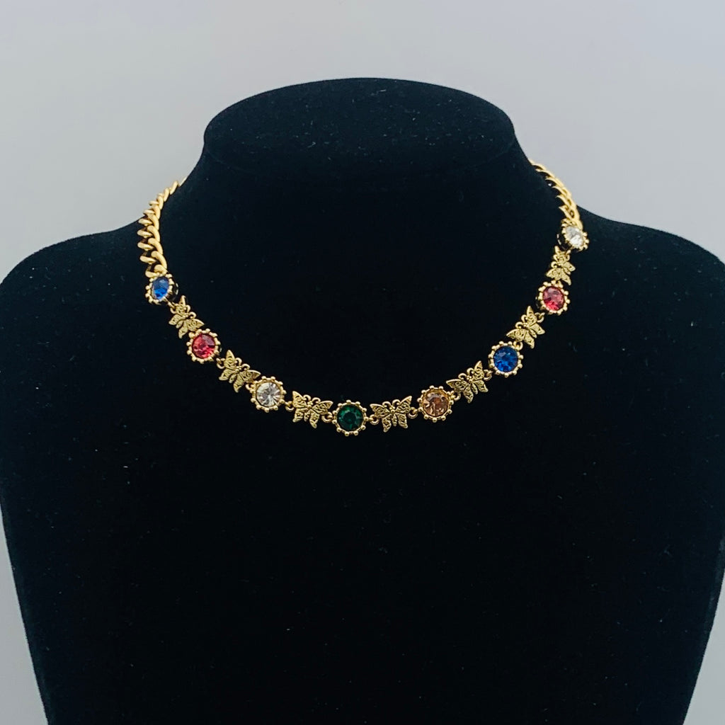 Vintage Gold Rainbow Gemstone Butterfly Cuban Chain Jewelry Set