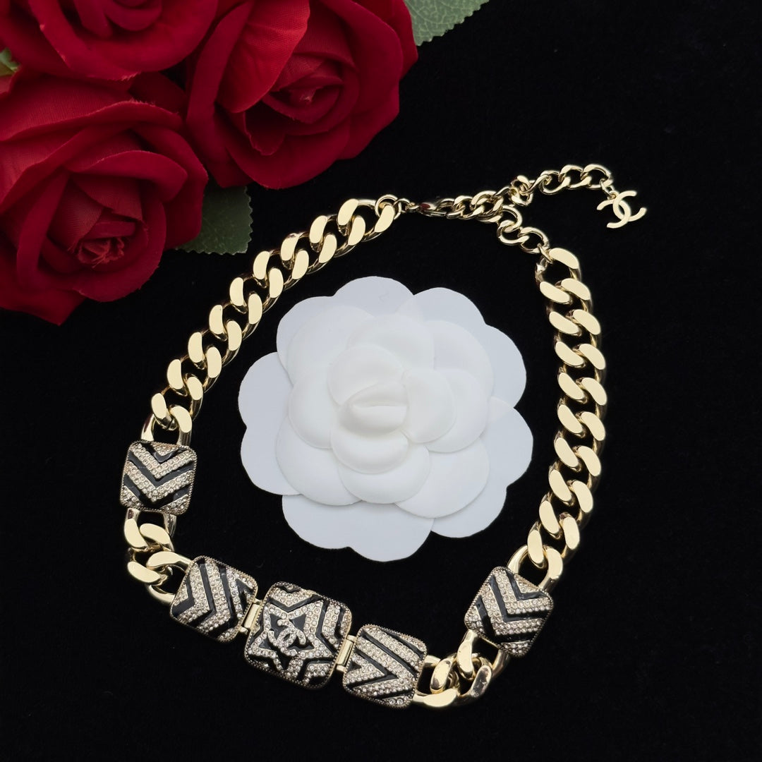Crystal Chevron & Star Medallion Cuban Link Necklace