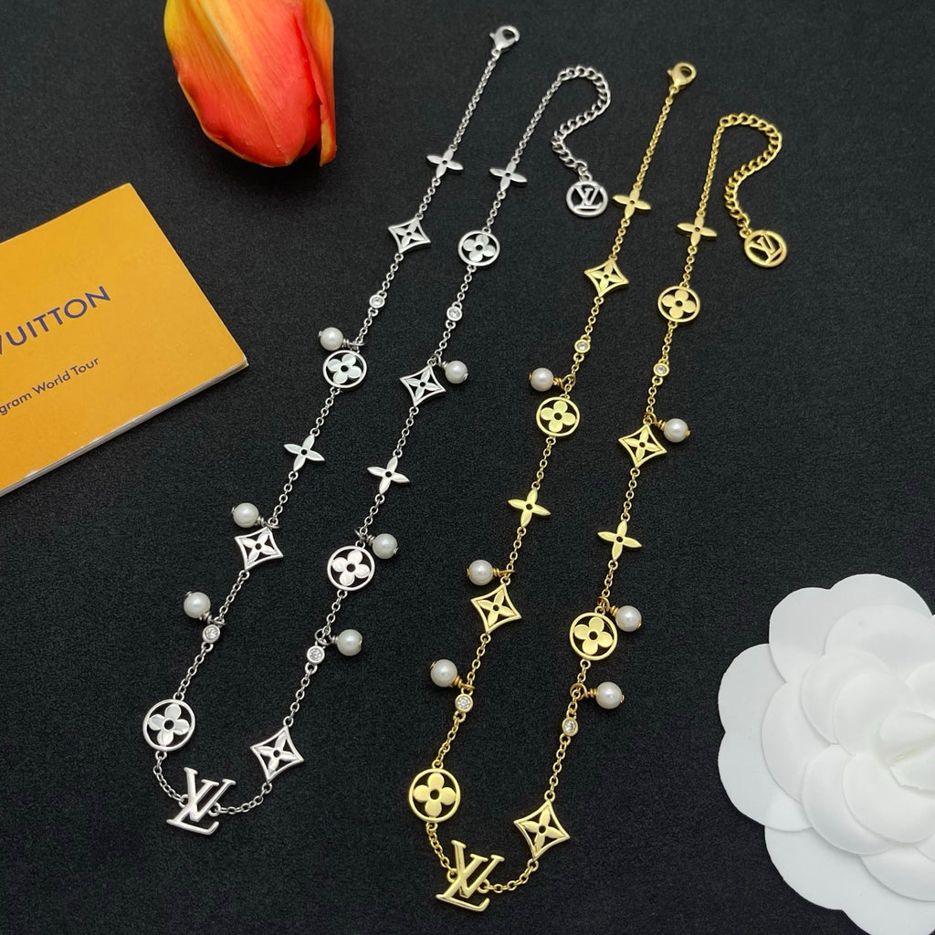 Floral Medallion & Four-Point Star Pearl Station Necklace