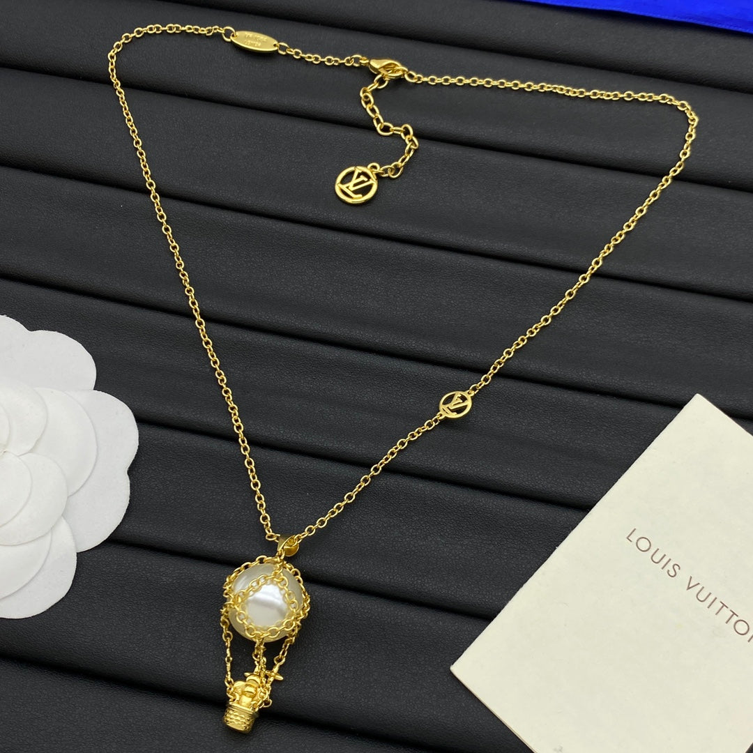 Pearl Hot Air Balloon Chain Cage Pendant Necklace