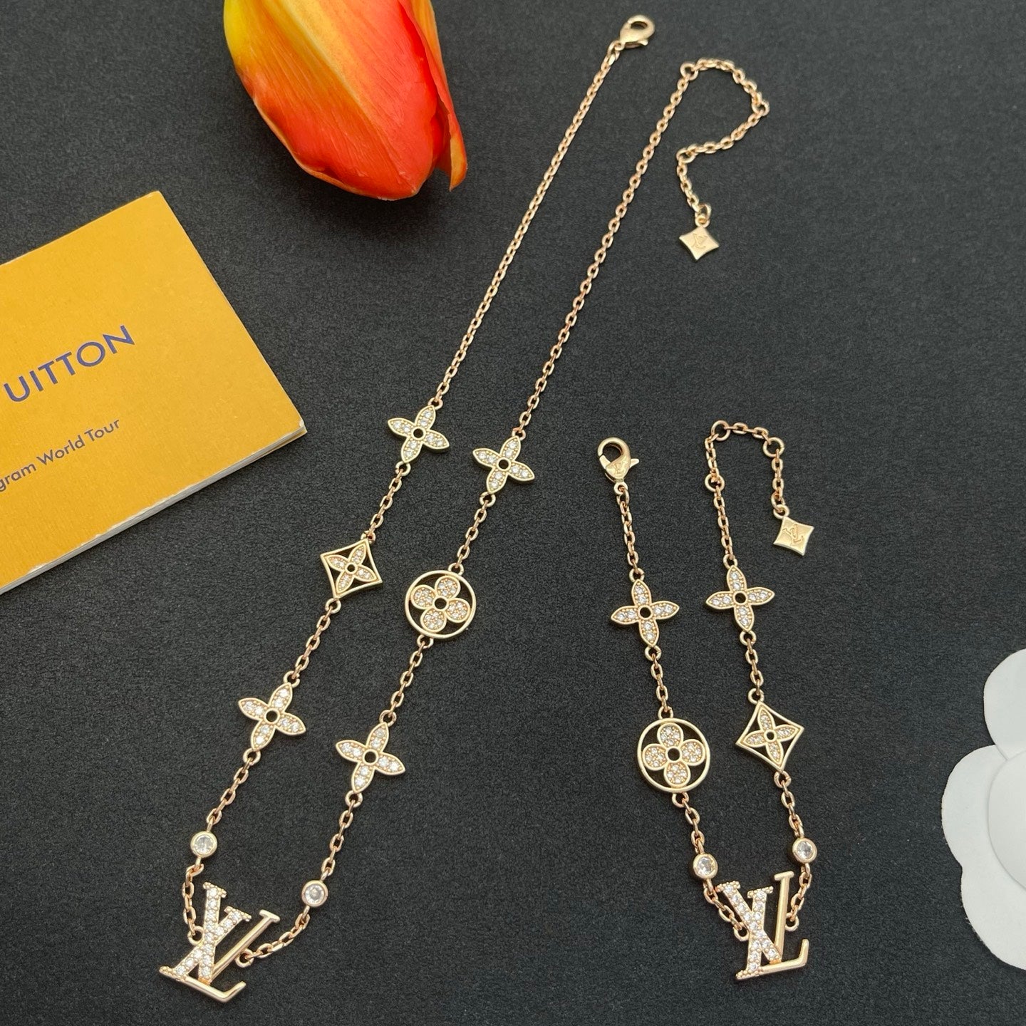 Rhinestone Monogram Clover Station & Logo Initial Charm Necklace & Bracelet Set