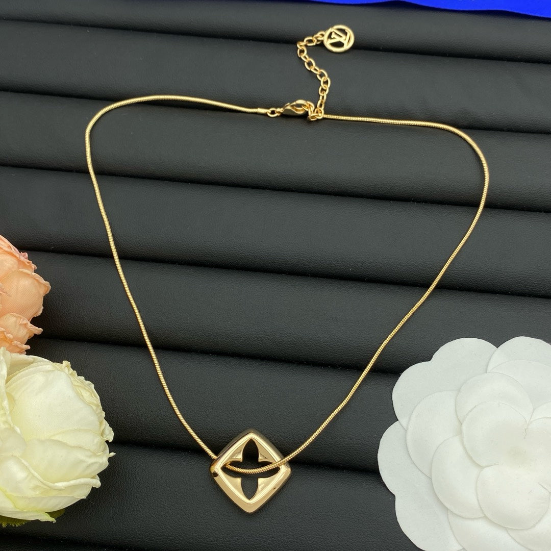 Hollow Four-Petal Flower Diamond Shape Pendant Snake Chain Necklace
