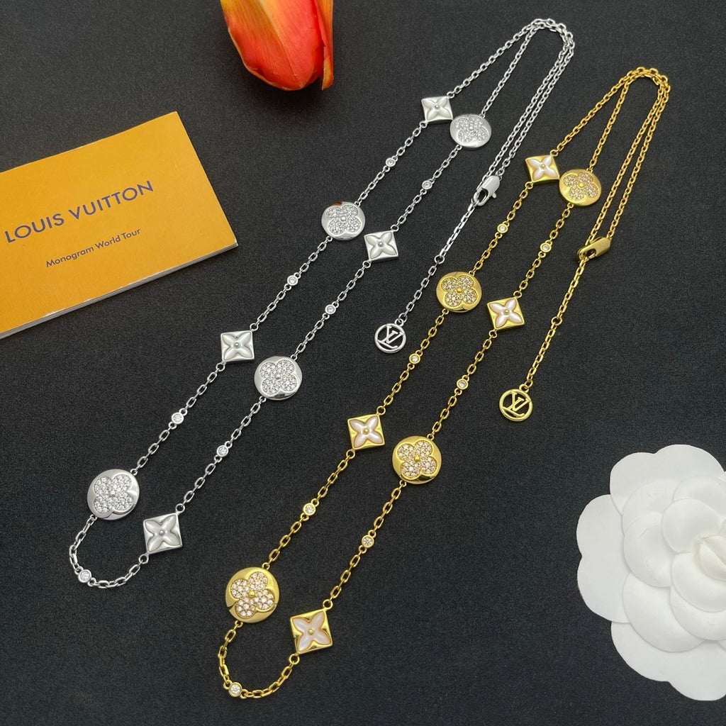 Pavé Disc & Mother of Pearl Floral Long Station Necklace