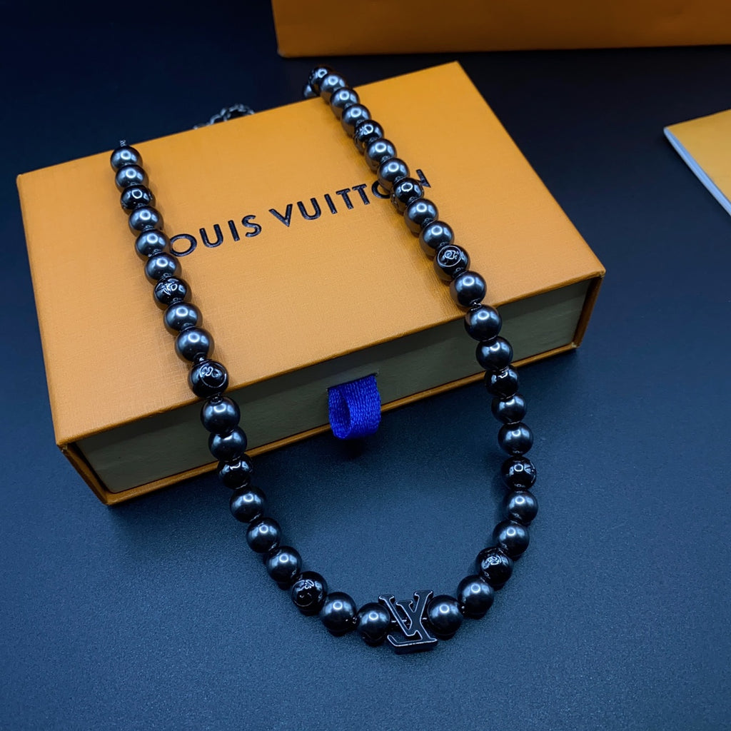 Black Onyx Bead Monogram Necklace & Bracelet Set