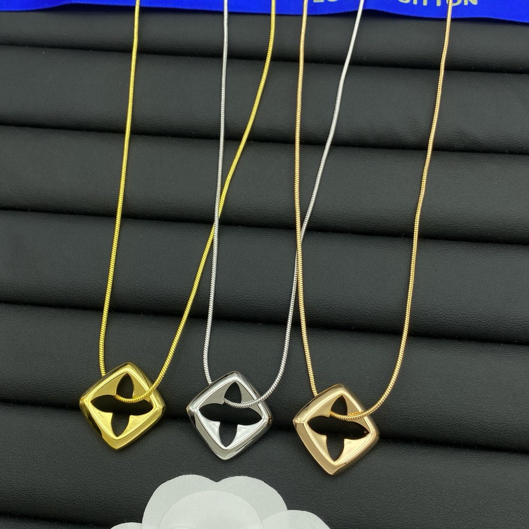 Hollow Four-Petal Flower Diamond Shape Pendant Snake Chain Necklace