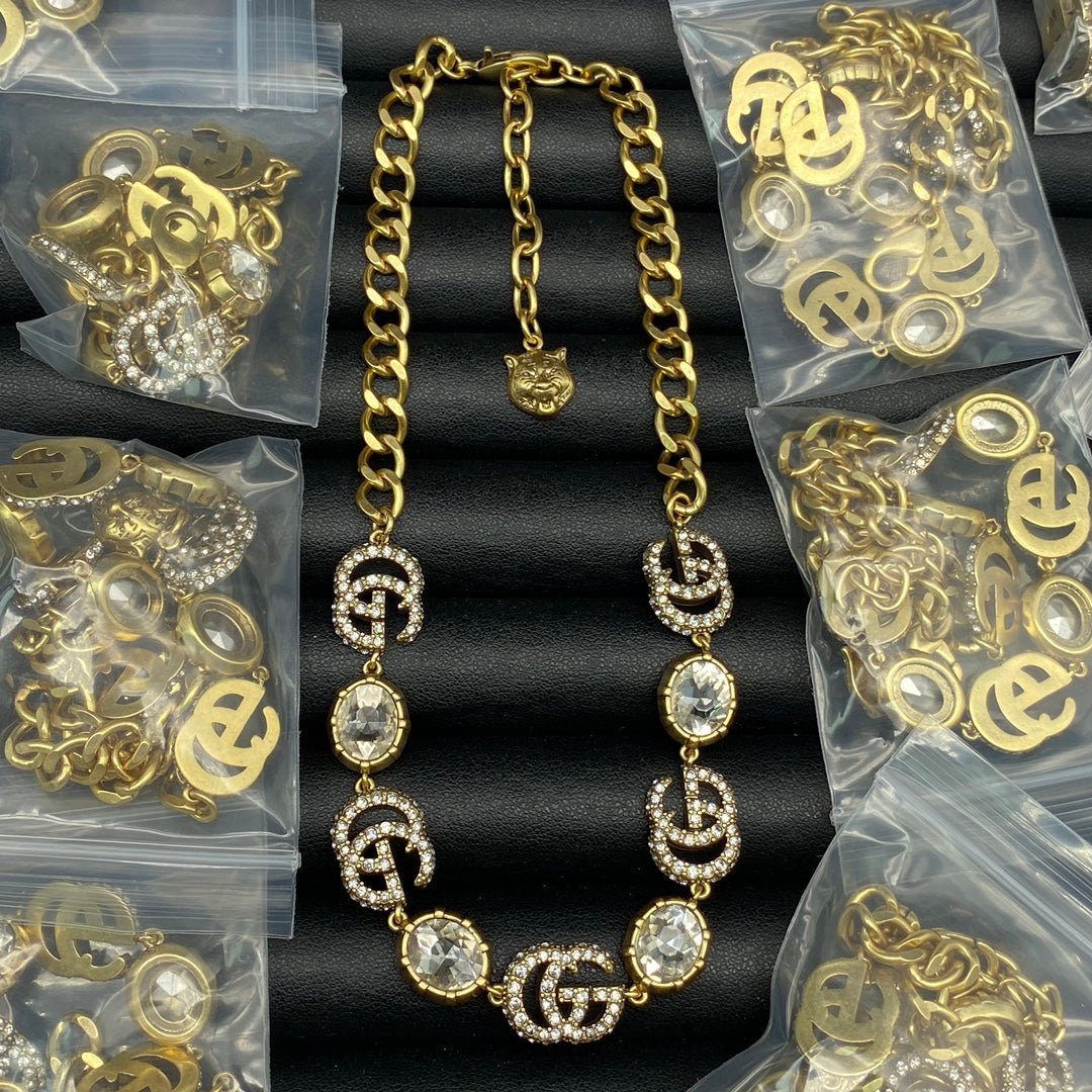 Crimson Crystal Pavé Logo Station Necklace & Bracelet Set with Drop Earrings