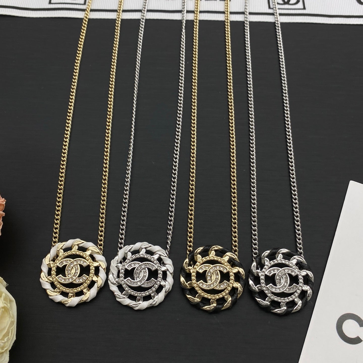 Leather & Chain Circle Pendant Necklace – Crystal Logo | 4 Colors