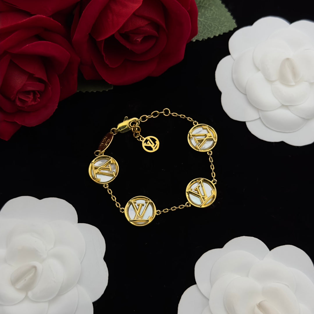 Hollow Letter Coin Charm Necklace & Bracelet Set – Gold-Tone with Shell Disc