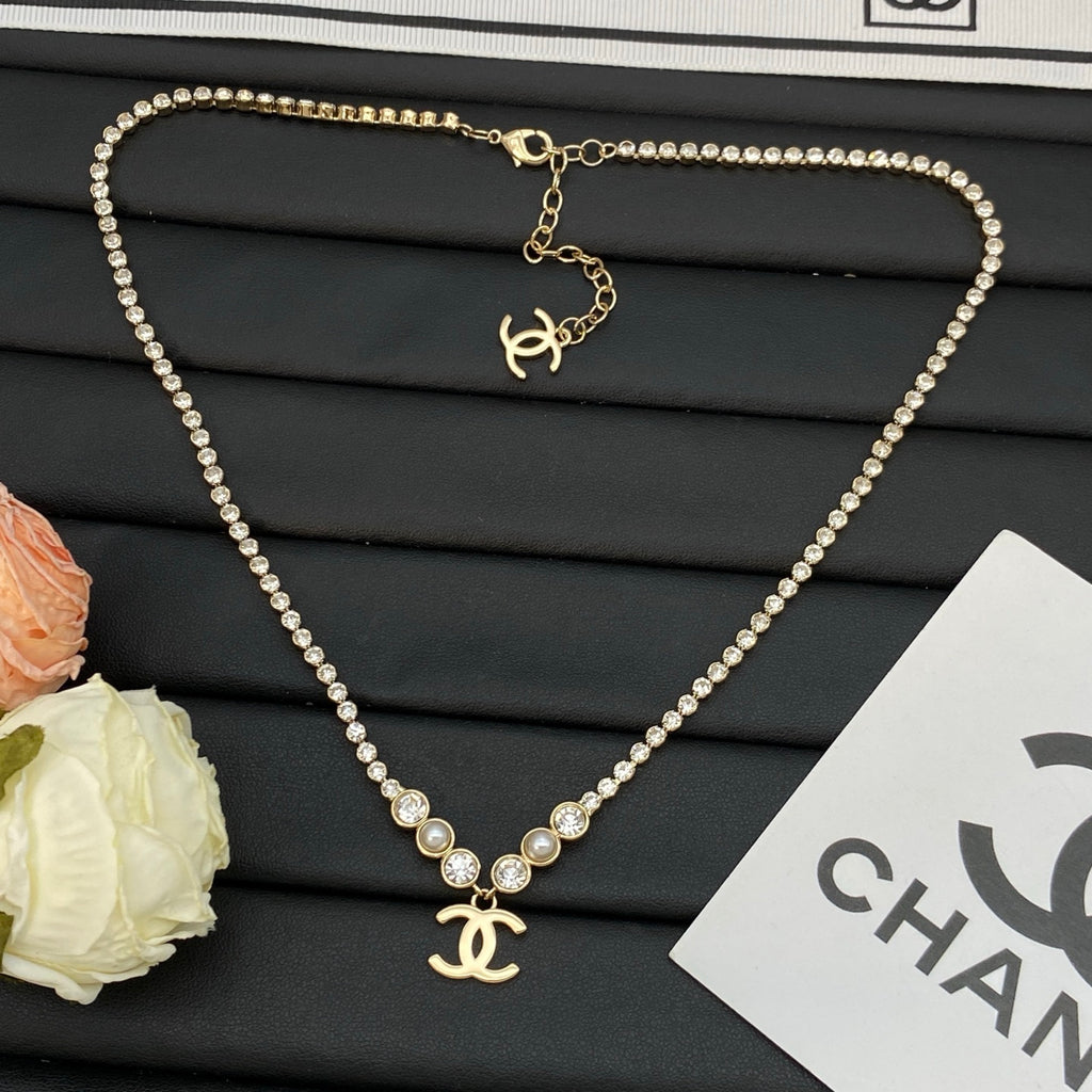 Crystal Tennis Chain Necklace | Pearl & Bezel Station Logo Drop | Gold & Silver