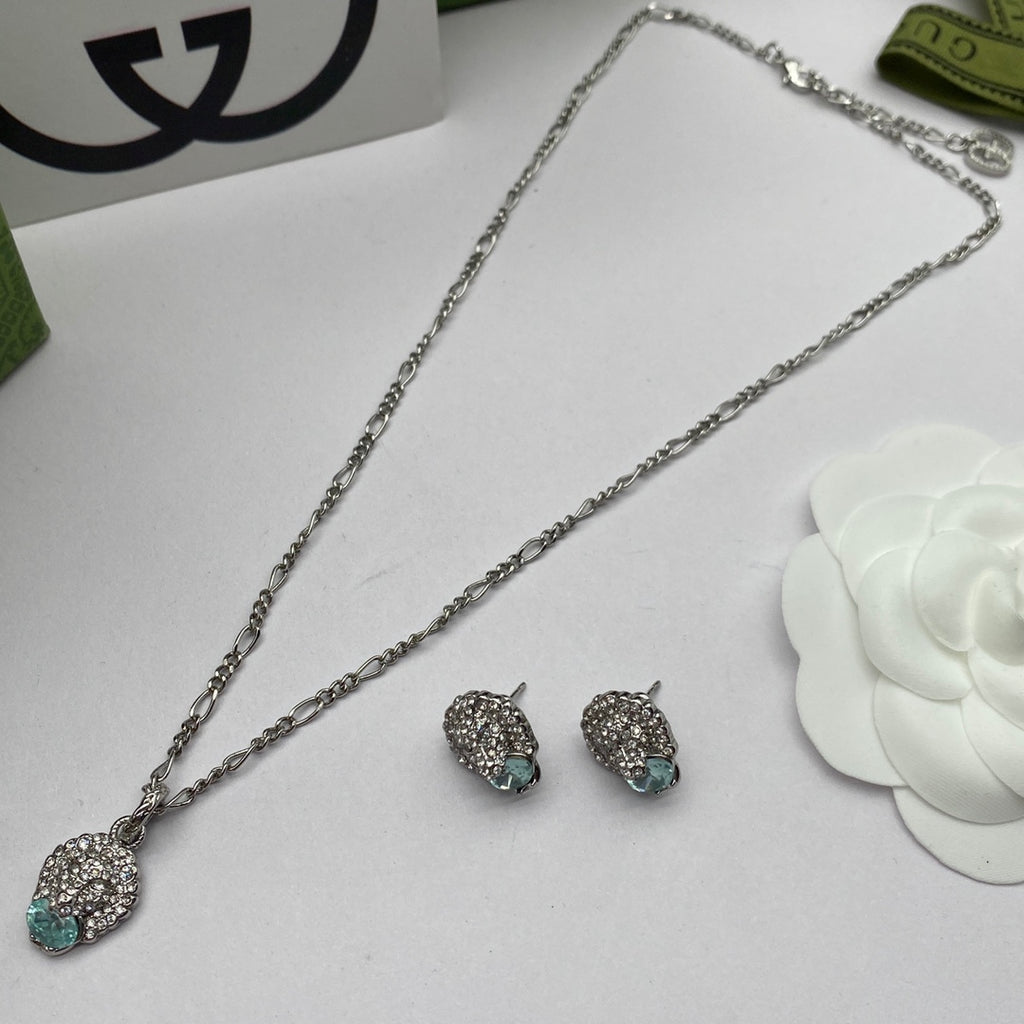 Pavé Crystal Panther Head Aqua Crystal Jewelry Set