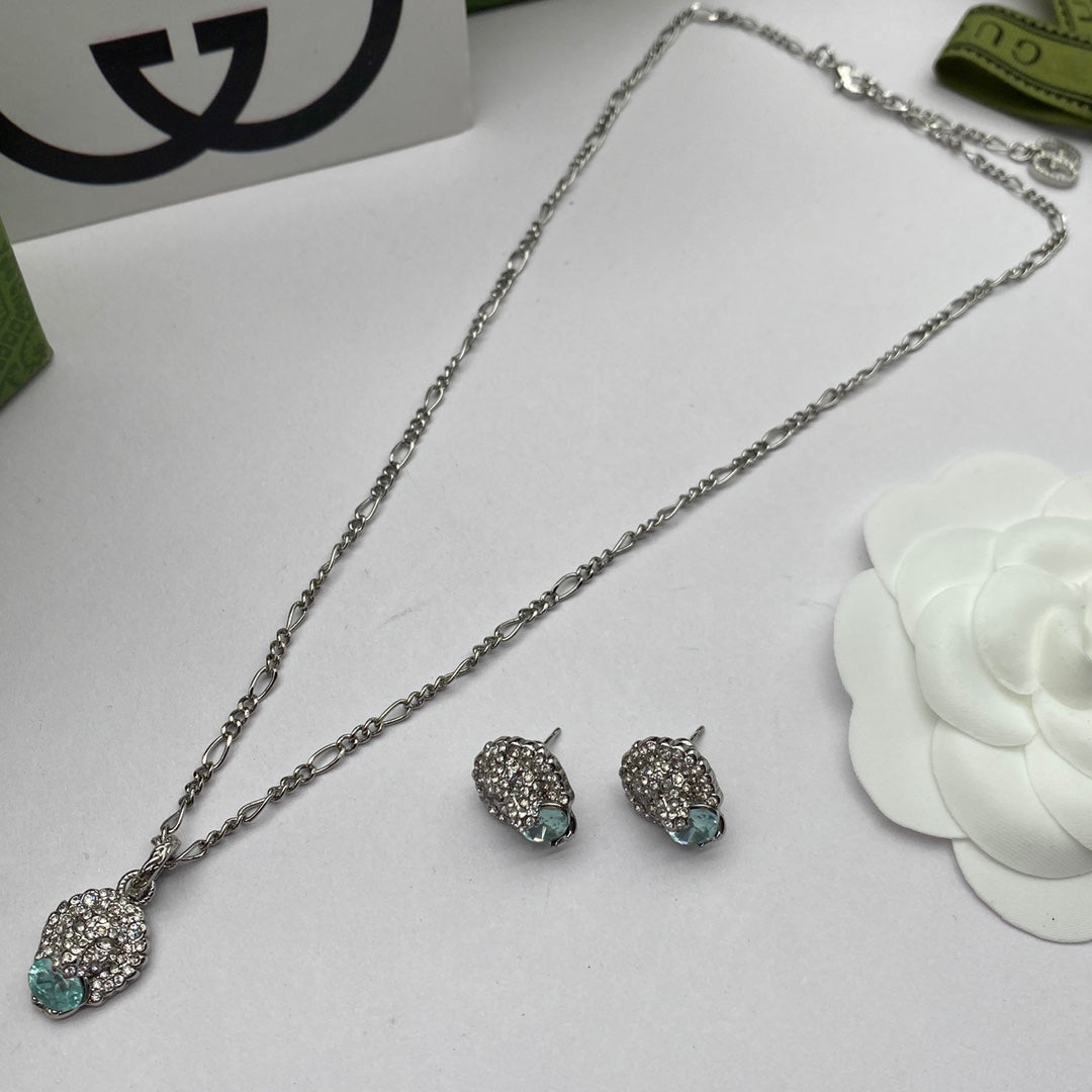 Pavé Crystal Panther Head Aqua Crystal Jewelry Set
