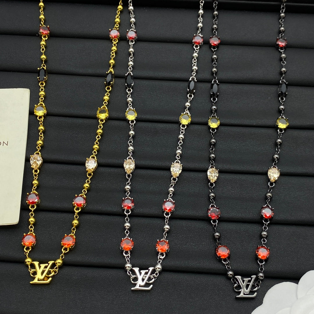 Mixed CZ Pear & Round Colorful Stone Station Necklace