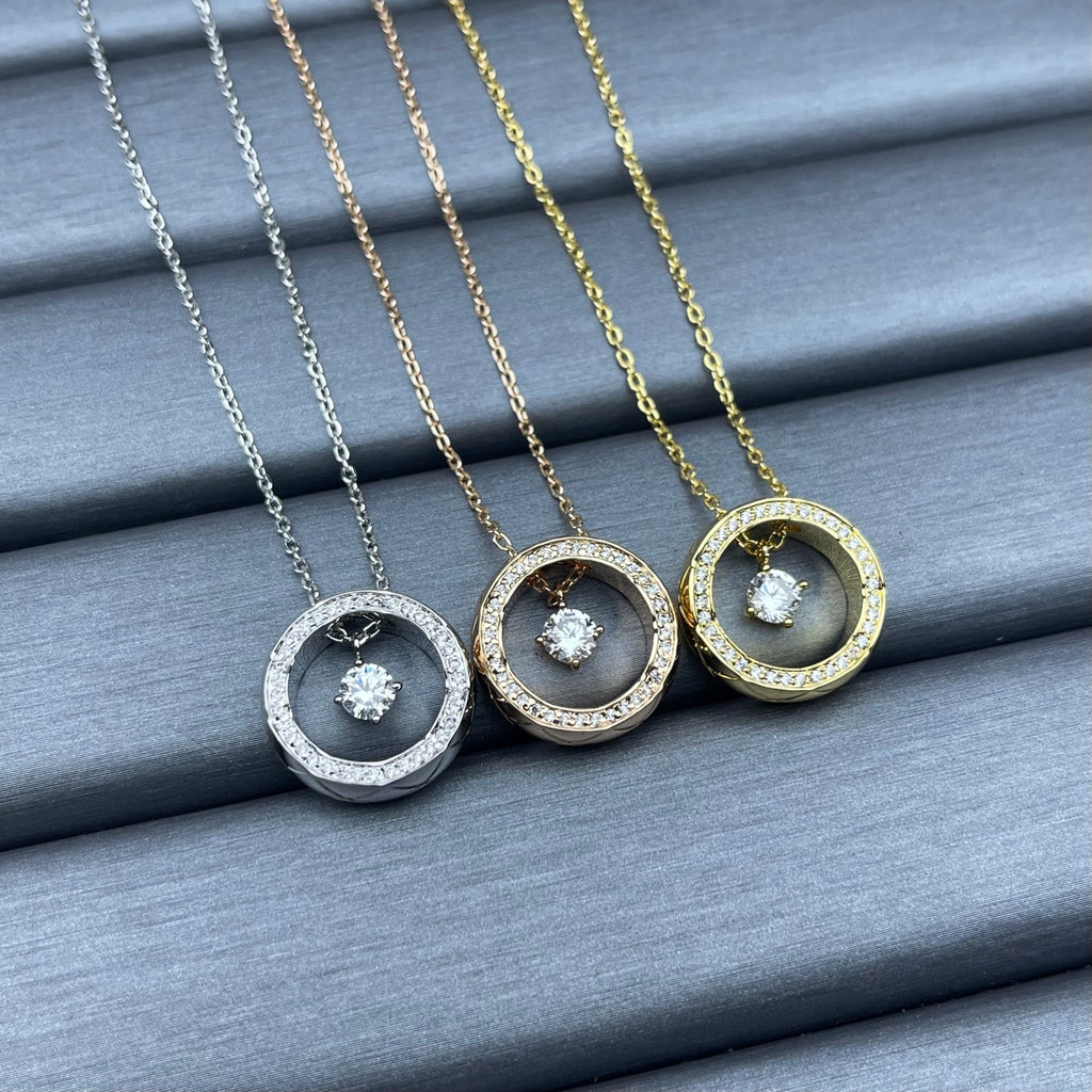 Crystal Pavé Open Circle Floating Solitaire Pendant Necklace