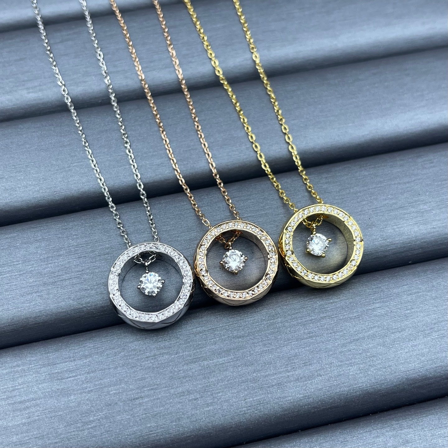 Crystal Pavé Open Circle Floating Solitaire Pendant Necklace