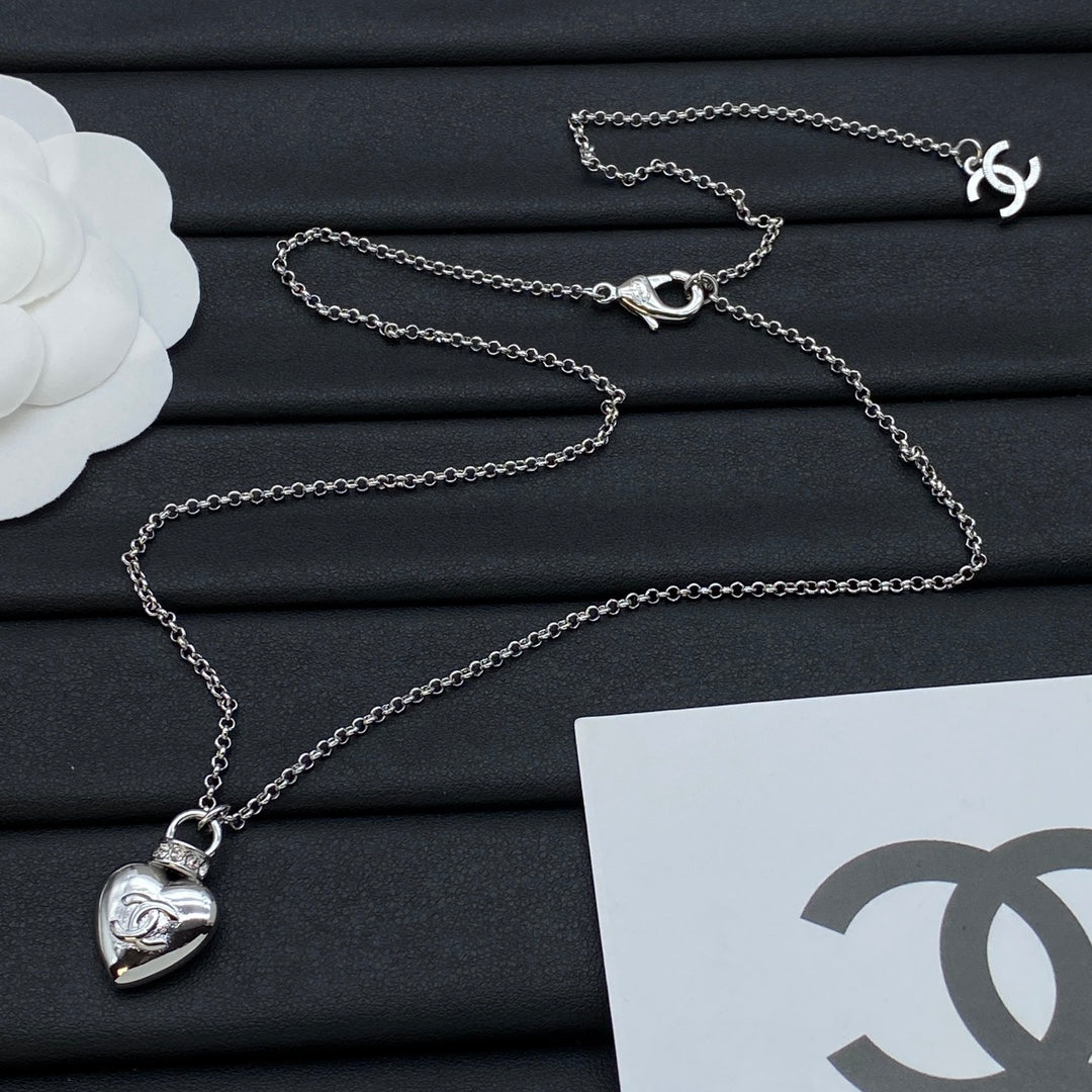 Puffy CC Heart Pendant Double Chain Necklace – Gold & Silver