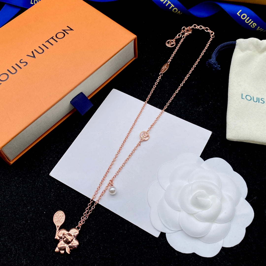 3D Elephant & Tennis Racket Charm Pearl Necklace