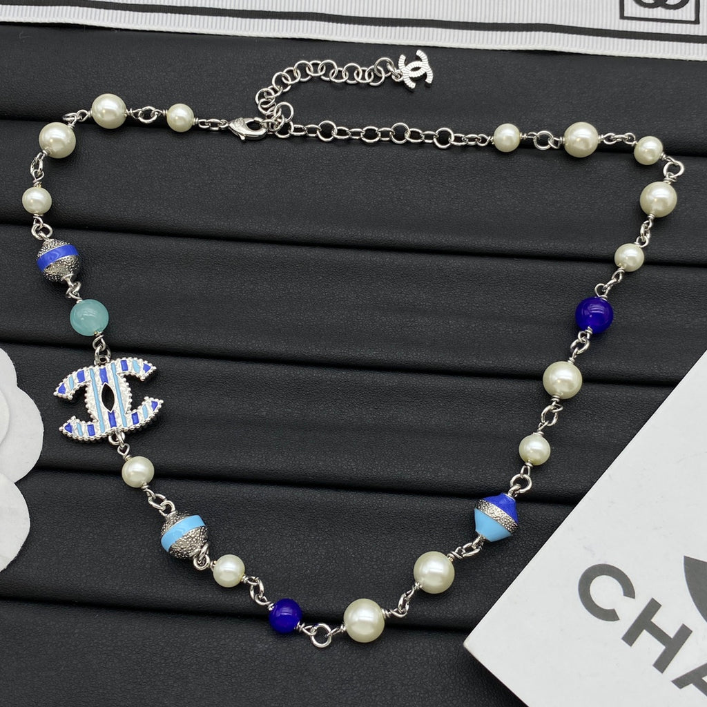 Colorful Mixed Bead CC Charm Long Necklace – Pink & Blue