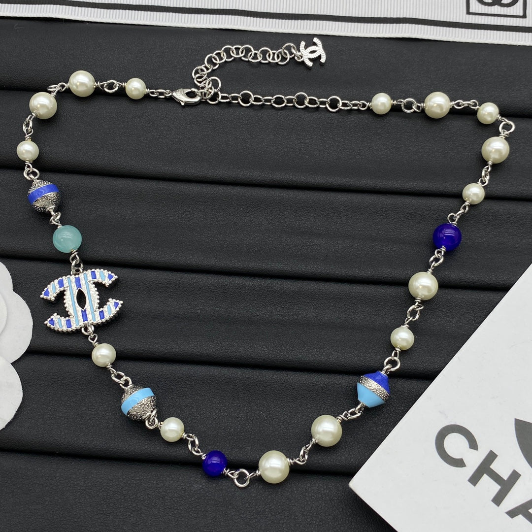 Colorful Mixed Bead CC Charm Long Necklace – Pink & Blue