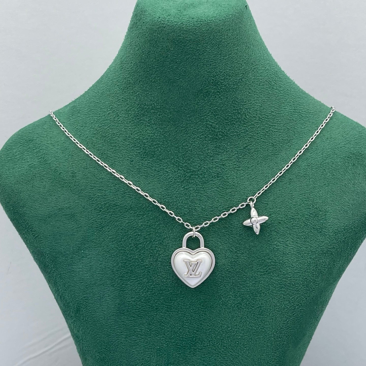 Mother of Pearl Heart Locket & Floral Charm Necklace