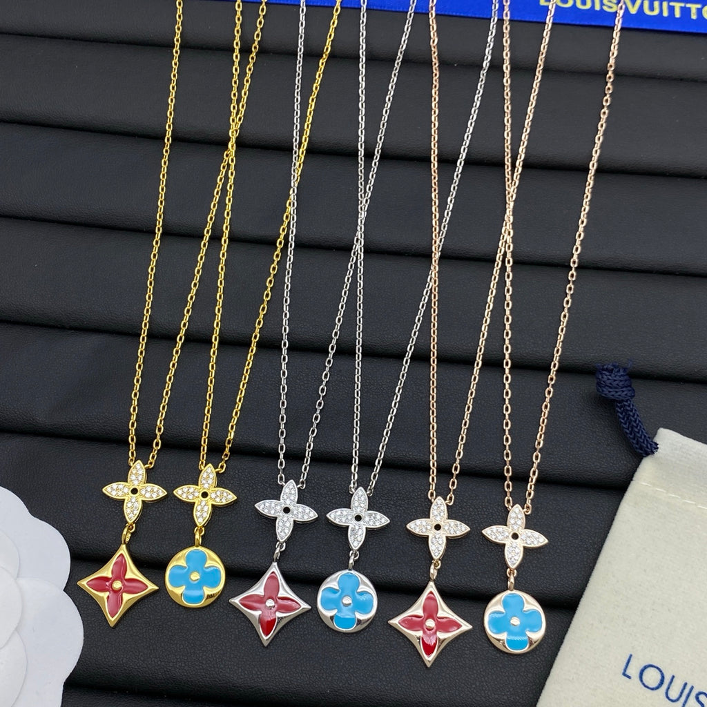 Crystal Four-Petal & Enamel Coin Double Pendant Necklace