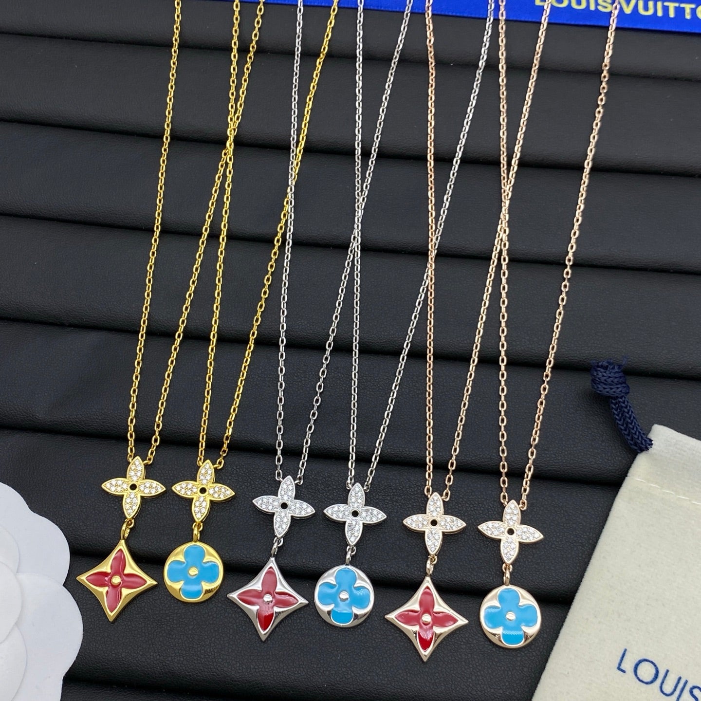 Crystal Four-Petal & Enamel Coin Double Pendant Necklace