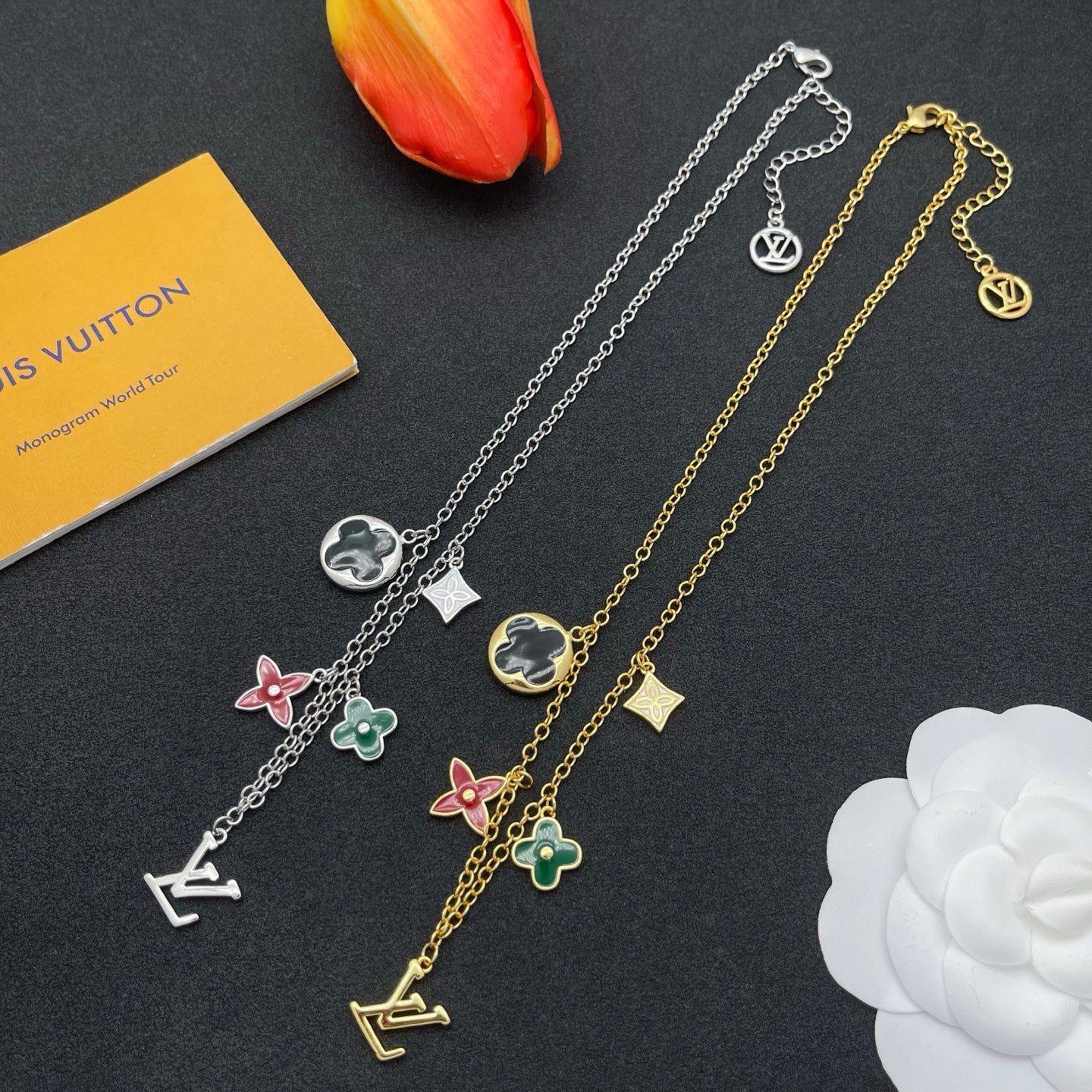 Colorful Enamel Floral Multi-Charm Necklace