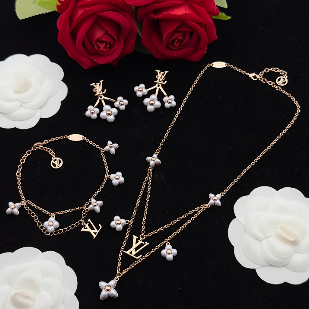 White Ceramic Flower & Logo Charm 3-Piece Set