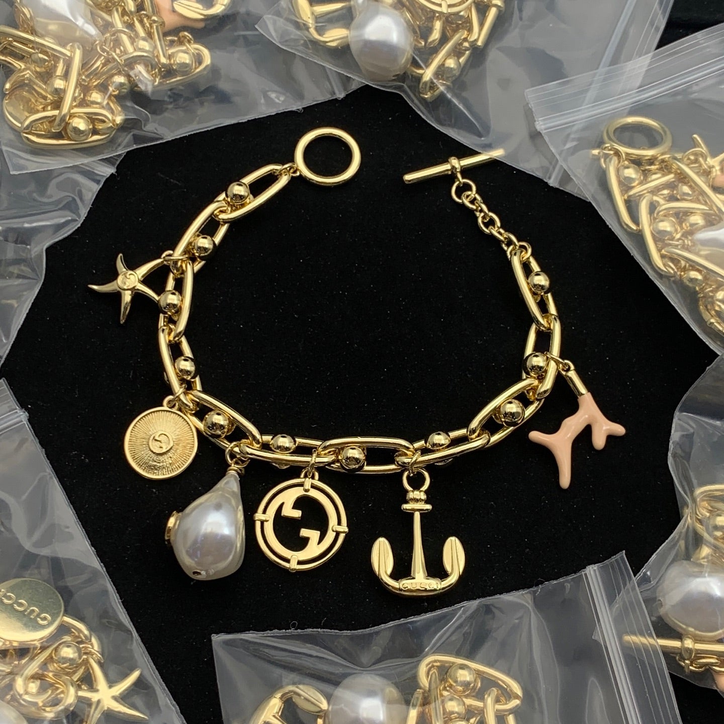 Nautical Charm Bracelet Set with Pearl & Coral