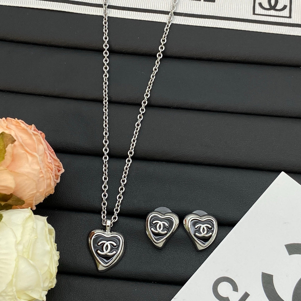Black Enamel Heart Pendant Necklace & Earring Set