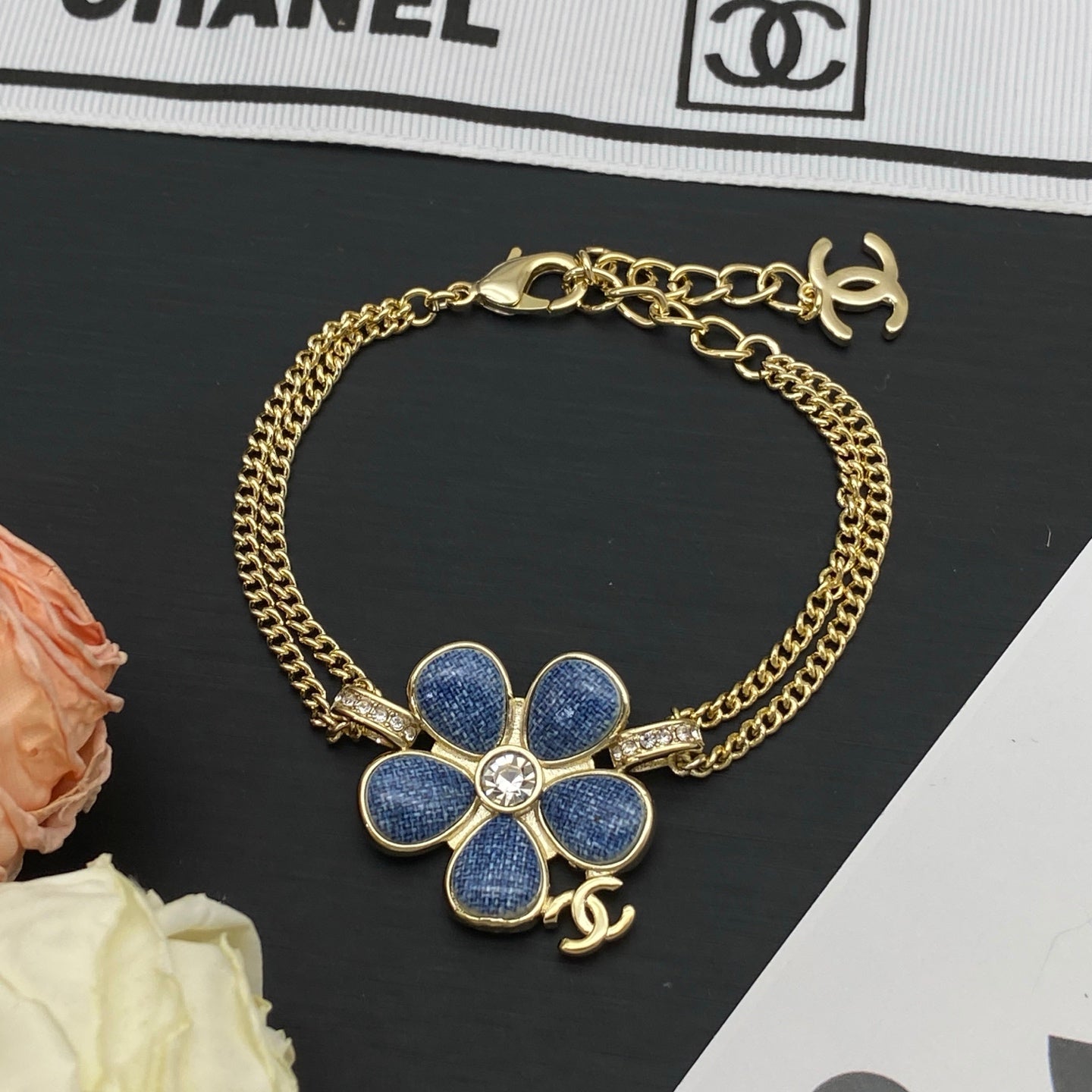 Denim Blue Flower Pendant Necklace & Bracelet Set