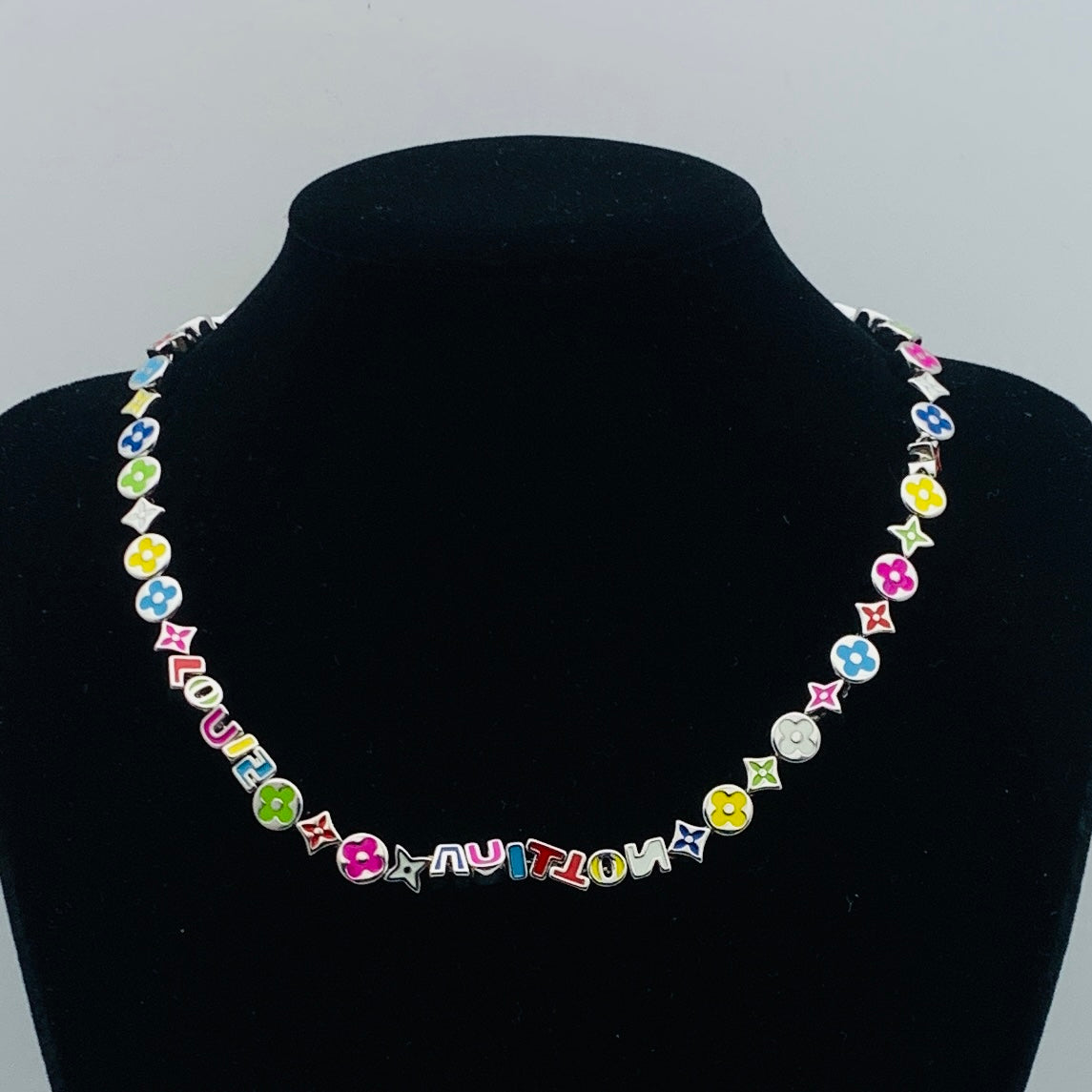 Multicolor Enamel Letter & Clover Charm Station Necklace – Colorful Logo Bead Chain