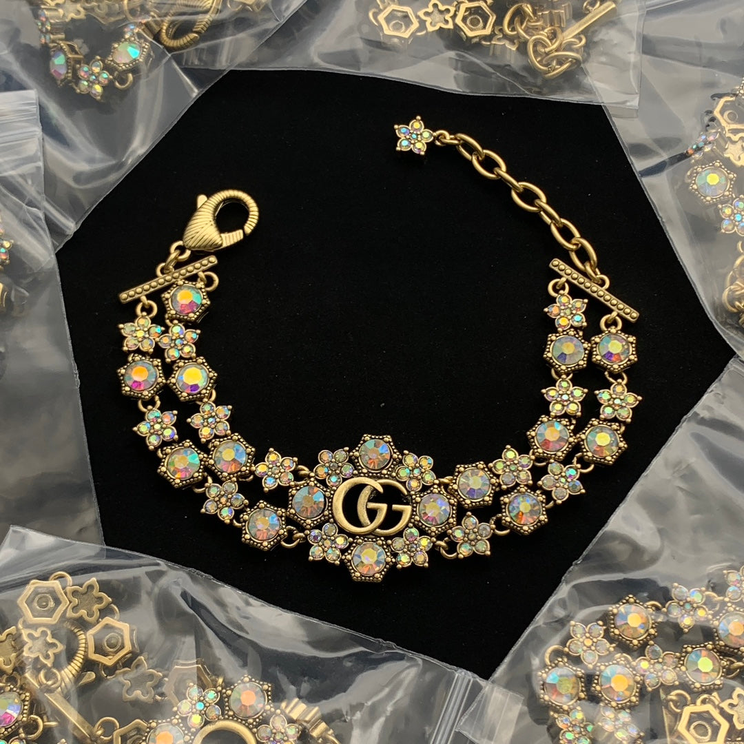 Vintage Aurora Crystal Flower Double Ring Logo Jewelry Set