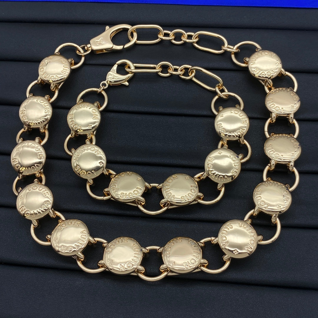 Engraved Coin Disc & Round Link Chain Necklace & Bracelet Set