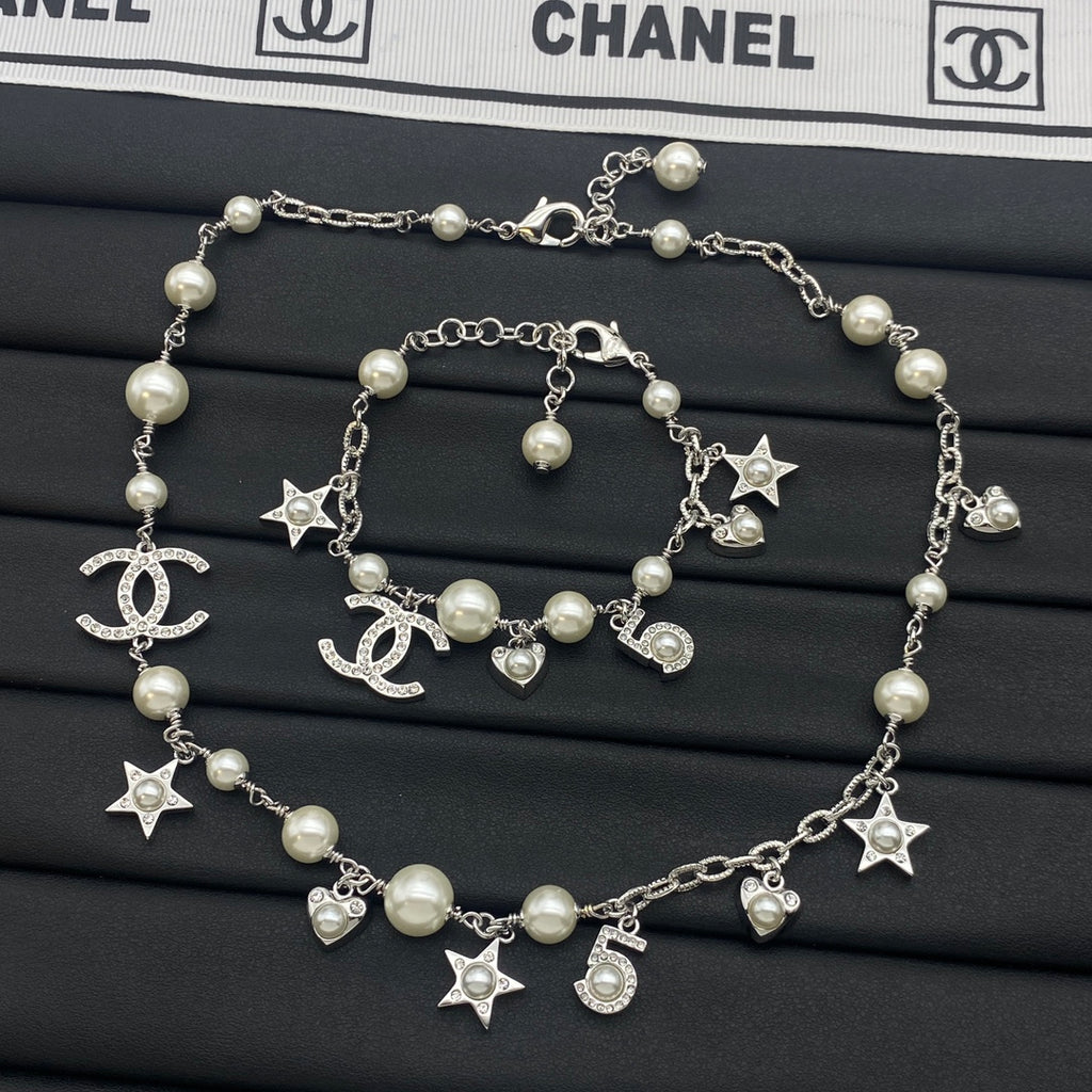 Pearl Multi-Charm CC Star No.5 Heart Station Necklace & Bracelet Set