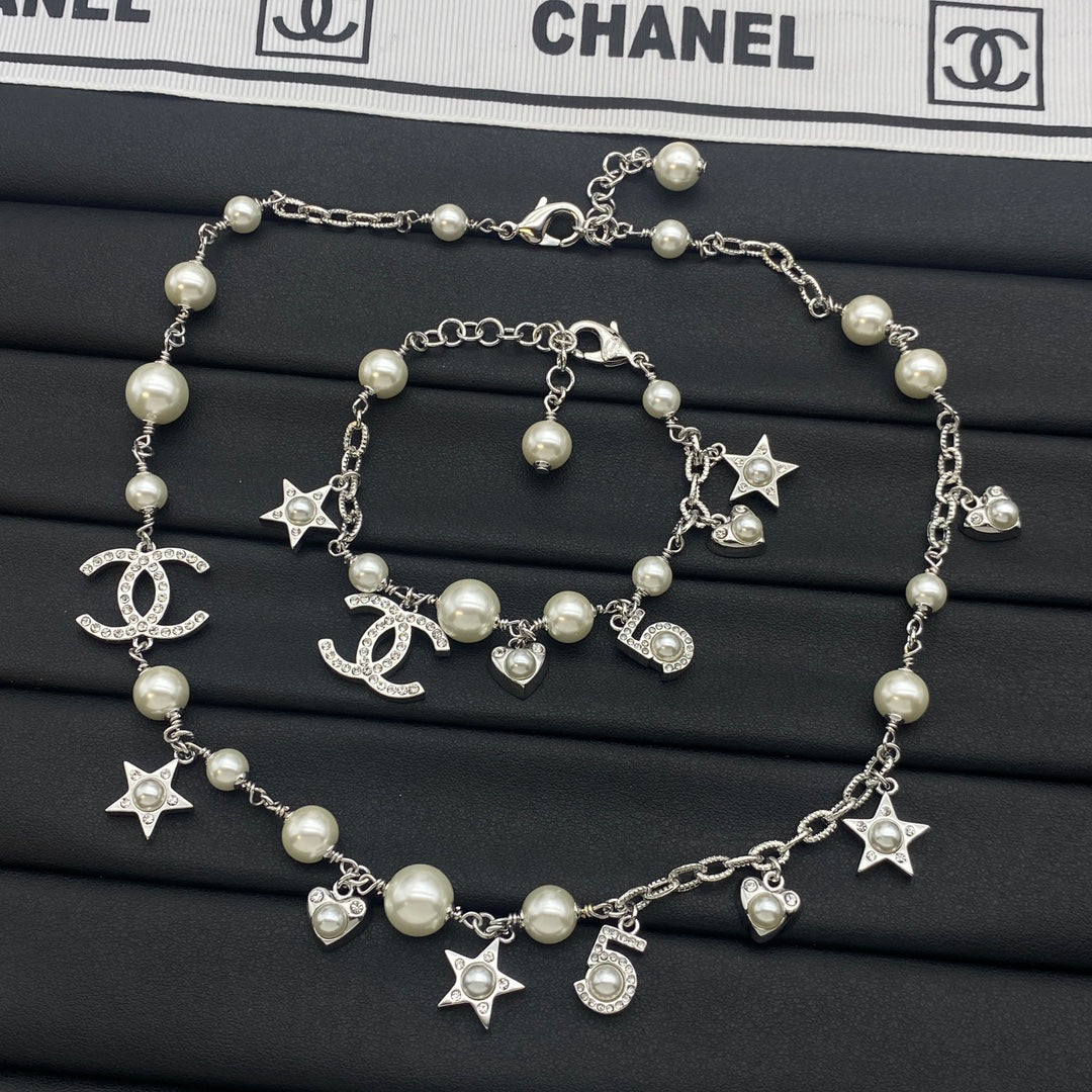 Pearl Multi-Charm CC Star No.5 Heart Station Necklace & Bracelet Set