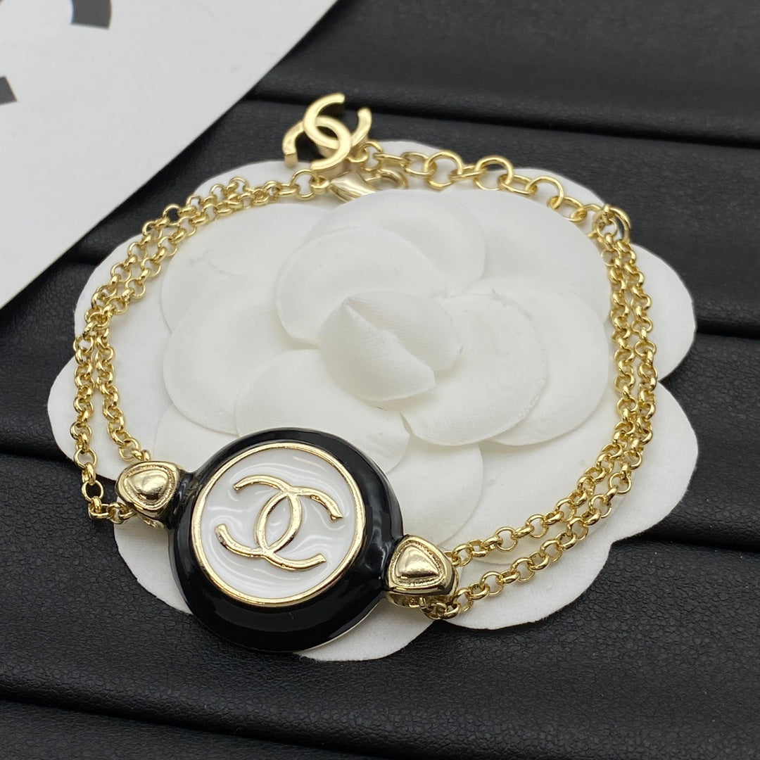 Black & White CC Round Disc Double Chain Necklace & Bracelet Set