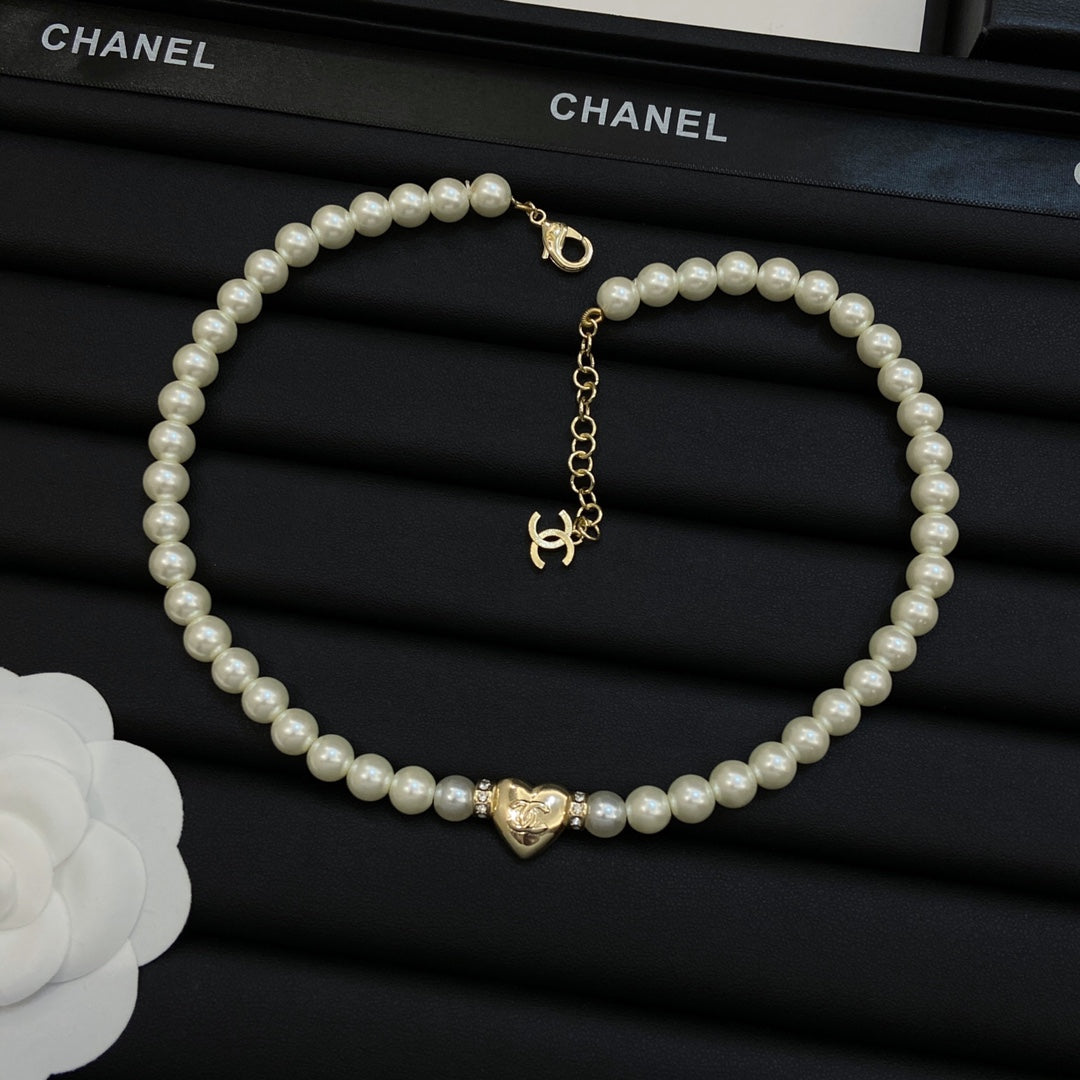 Pearl Bead Heart Charm Necklace & Bracelet Set
